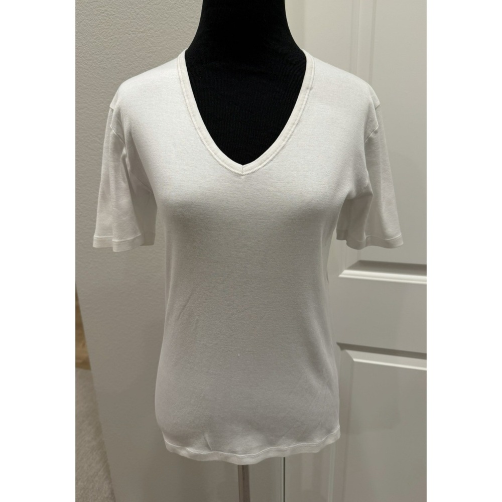 Hanro White Basic Tee L Tight Cotton Top Shirt V-Neck Short Sleeve Base Layer